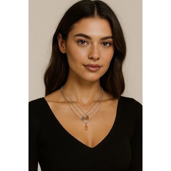 Chaps Y2K Layered Necklace with Orange Glass Teardrop Pendant - Picture 4 of 5